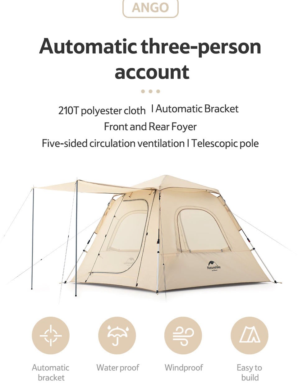 Ango pop up tent for 3 man with door pole NH21ZP010 10