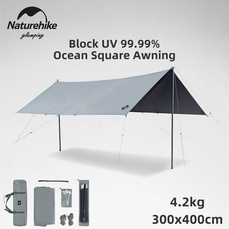 naturehike ocean upf500 square canopy with 2 poles grey green nh21yw15411