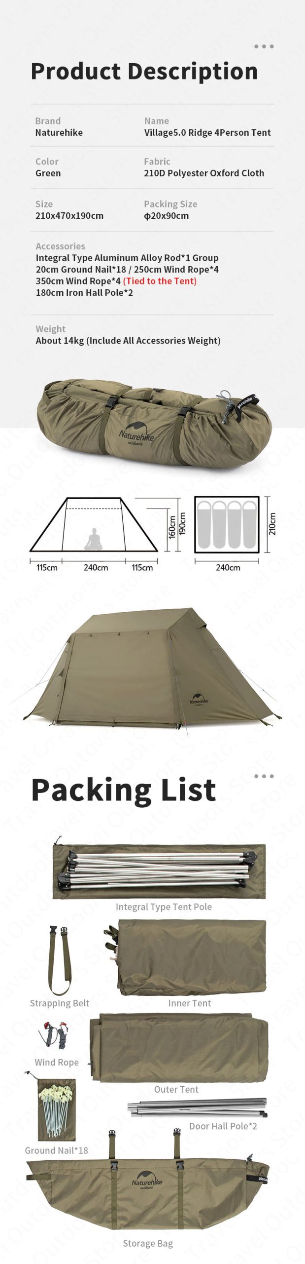 naturehike village 5 tent for 3 4 person army green nh21zp009 09